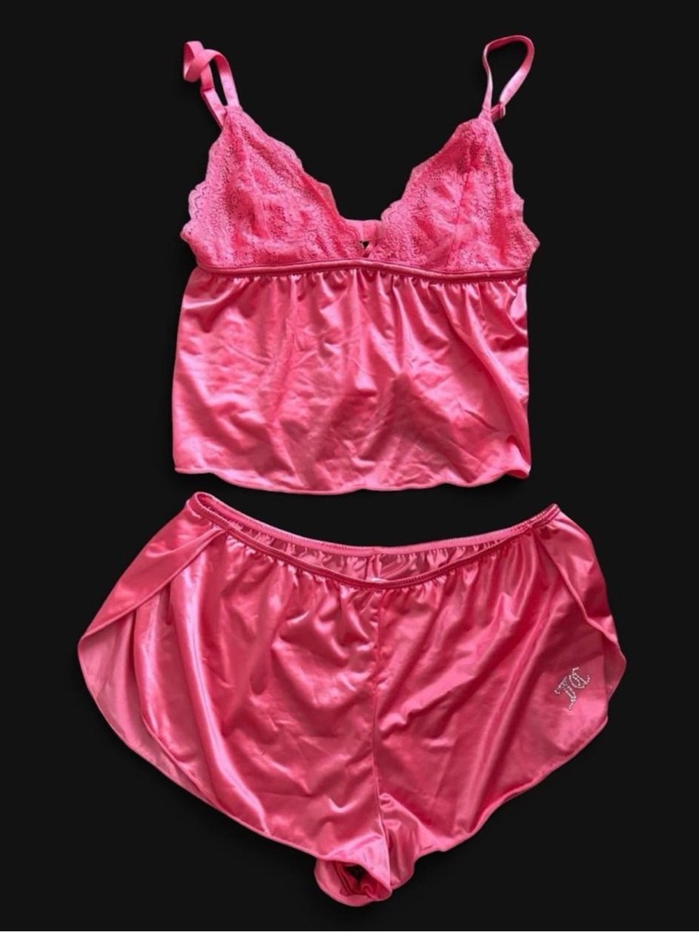 Juicy Couture Hot Pink Satin Lace Cami & Shorts Pajama Lingerie Set🍒